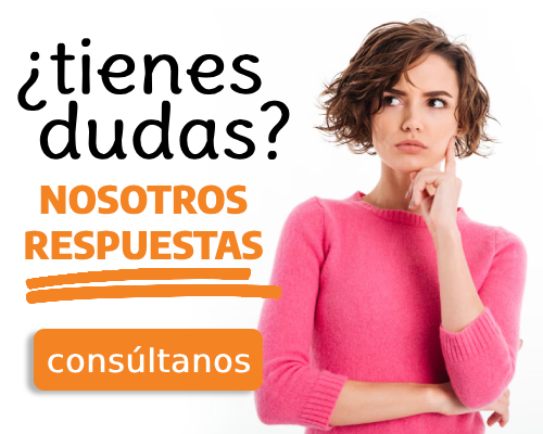 Mujer joven con pelo corto ondulado y jersey rosa, con cara y gesto de tener dudas (mira hacia un lado pensativa mientras apoya su cabeza sobre los dedos de su mano izquierda), con el texto: "¿tienes dudas? Nosotros respuestas. Consúltanos."