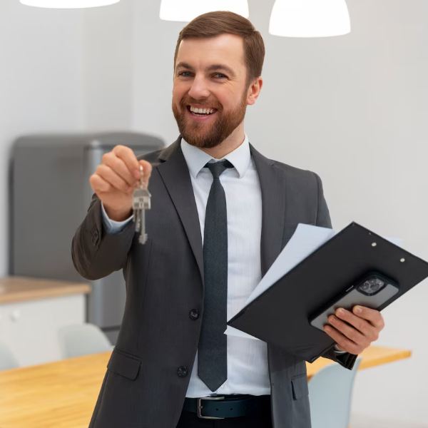 Agente inmobiliario masculino, vistiendo traje y apariencia cuidada (barba y bien peinado), con un portfolio y el movil en una mano y ofreciéndote un juego de llaves con la otra mano.