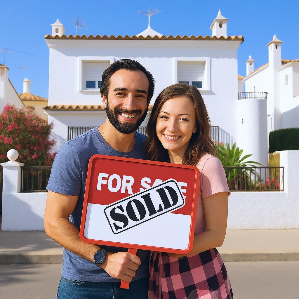 Pareja joven con vestimenta casual delante de una casa tipica de Fuengirola, o chalet unifamiliar, sosteniendo entre ambos un cartel con el texto "FOR SALE" y sobrepuesto "SOLD", ambos con expresión contenta, como si acabaran de vender su casa gracias a Inmobiliaria Grupo Sur en Fuengirola